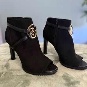 DKNYC Black Peep-Toe Heels with Gold Accent